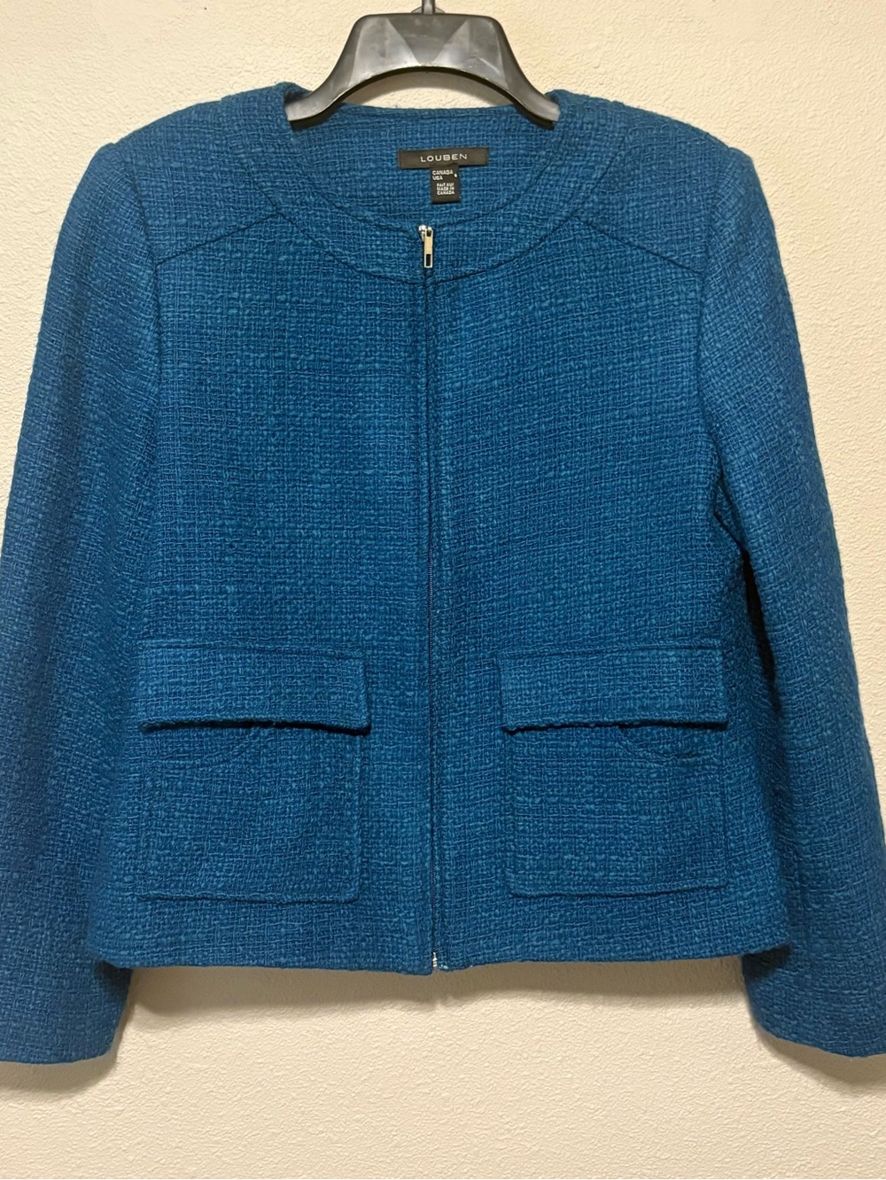 Louben Women's Teal Bouclé Wool Blend Zip-Front Blazer